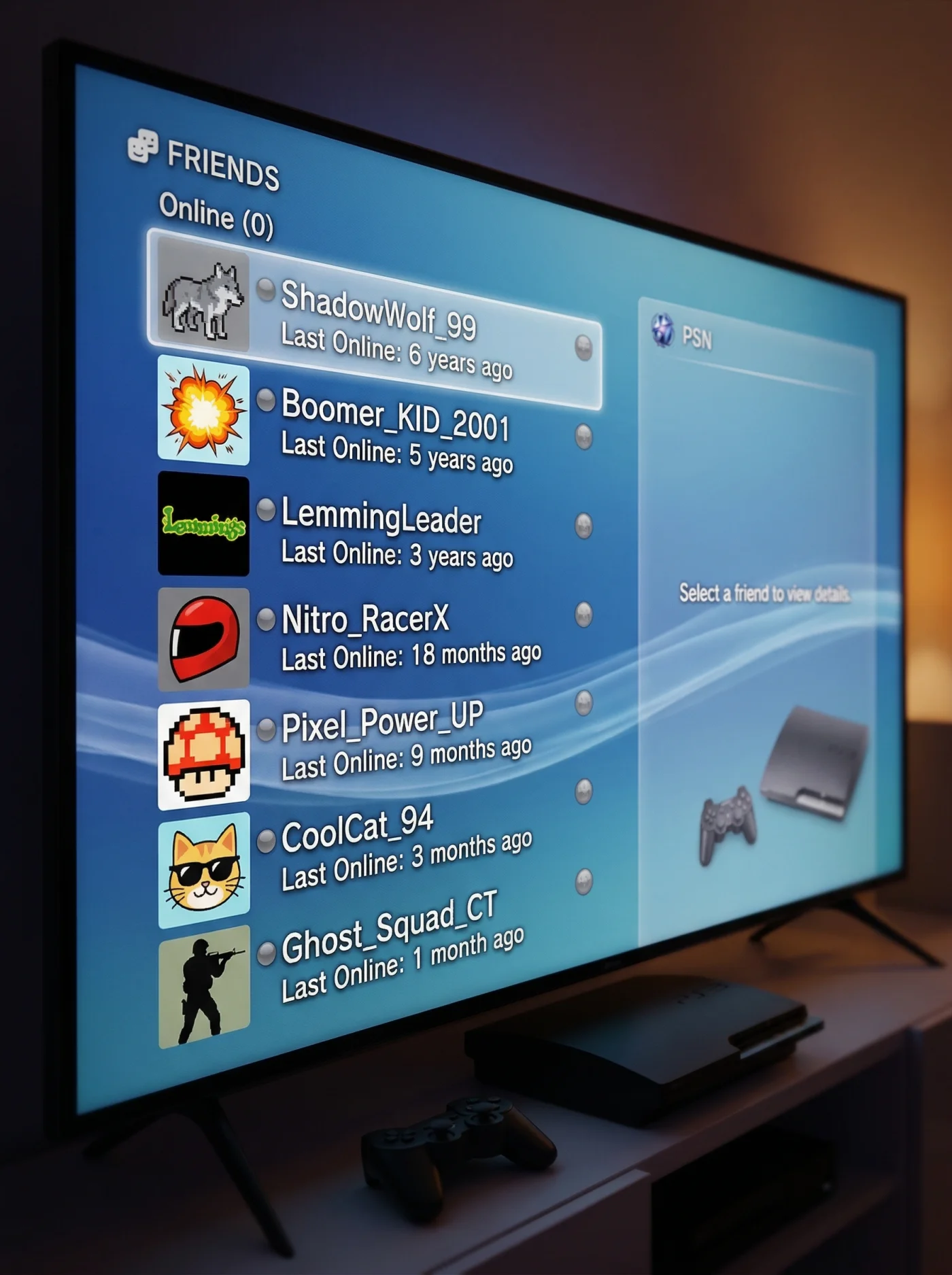 PlayStation Network friends list — everyone offline, Last Seen years ago